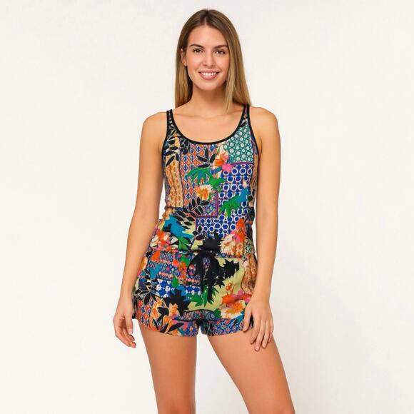 Josie by Natori S Matching Camisole Tank Top Short Set Multi Pajamas Split Back - Picture 1 of 8